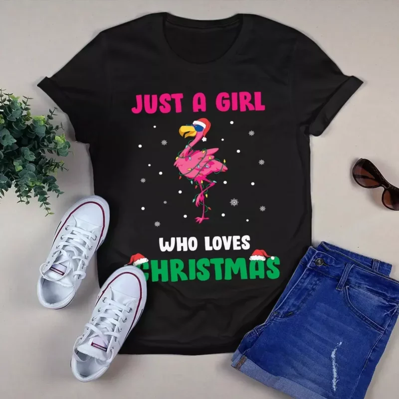 Just A Girl Who Loves Christmas Flamingo Xmas Light Gift Tshirt