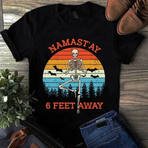Namastay 6 Feet Away Skeleton Halloween Vintage Tshirt