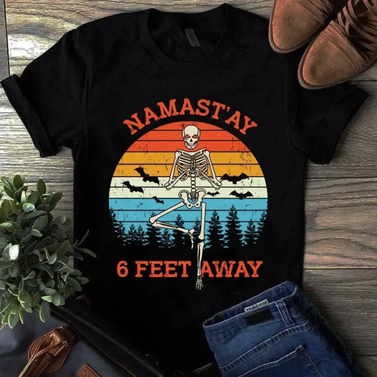 Namastay 6 Feet Away Skeleton Halloween Vintage Tshirt