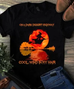 On A Dark Desert Highway Cool Wind In My Hair Guitar Witch Hippie Red Moon Tshirt