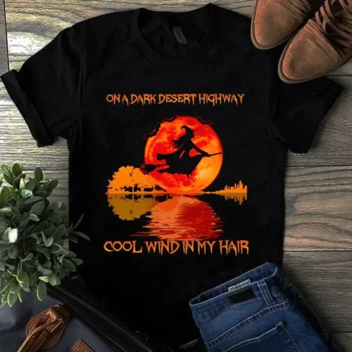 On A Dark Desert Highway Cool Wind In My Hair Guitar Witch Hippie Red Moon Tshirt