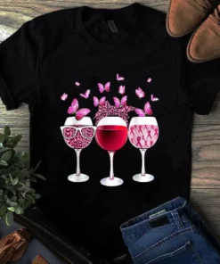 Pink Ribbon Wine Glass Butterfly Breast Cancer Awareness Tshirt