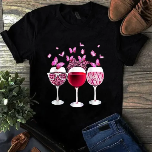 Pink Ribbon Wine Glass Butterfly Breast Cancer Awareness Tshirt