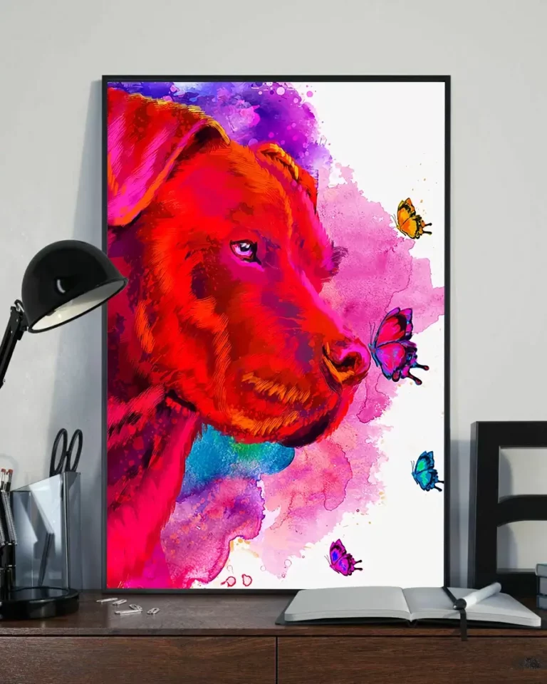 Pitbull Dog and Butterfly Water Color Home Decor Wall Art Poster