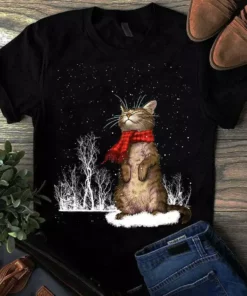 Meow Cat Red Scarf Snowflake Christmas - Tshirt