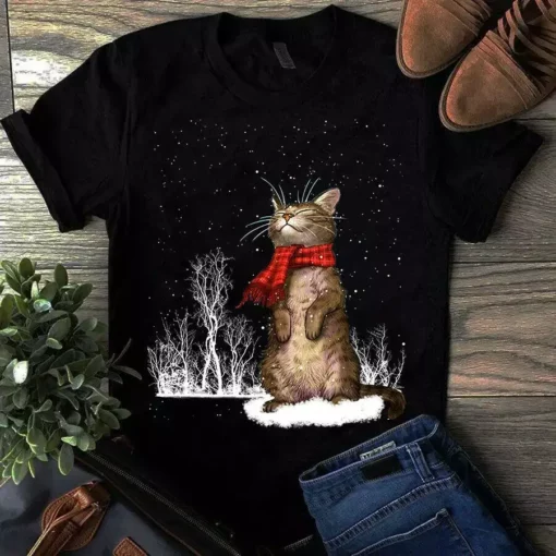 Meow Cat Red Scarf Snowflake Christmas - Tshirt