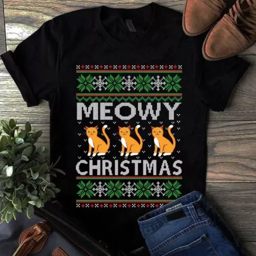 Meowy Christmas Funny Meow Cat Christmas Xmas Gift Tshirt