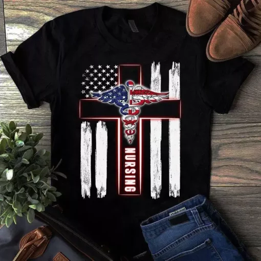 Nursing American Flag Nurse Symbol Gift Tshirt