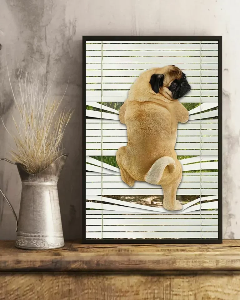 Pug Climbing Out Window Home Decor Wall Art Dog Poster
