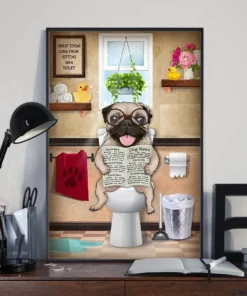 Pug Toilet Reading Newspaper Funny Dog Poster