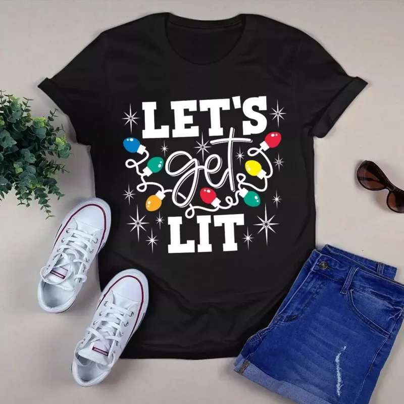 Let’s Get Lit Christmas Xmas Light Gift Funny Tshirt