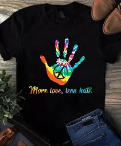 More Love Less Hate Hand Print Peace Sign Retro Hippie Tshirt