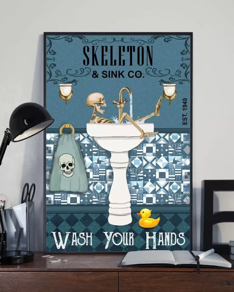 Skeleton and Sink Co Wash Your Hands Funny Bathroom Skeleton Poster
