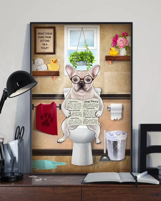 French Bulldog Toilet Reading Newspaper Funny Dog Poster