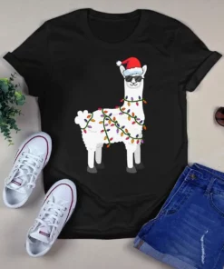 Funny Alpaca Llama Santa Hat Christmas Xmas Light Gift Tshirt