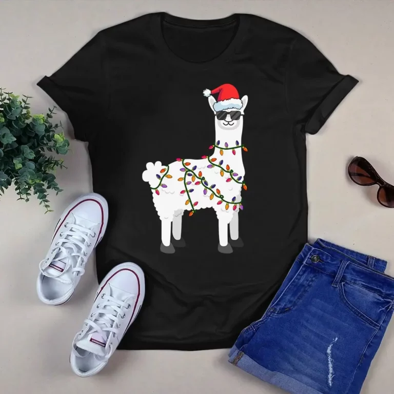 Funny Alpaca Llama Santa Hat Christmas Xmas Light Gift Tshirt