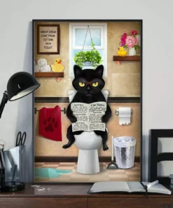 Funny Black Cat Read Newspaper In Toilet Poster