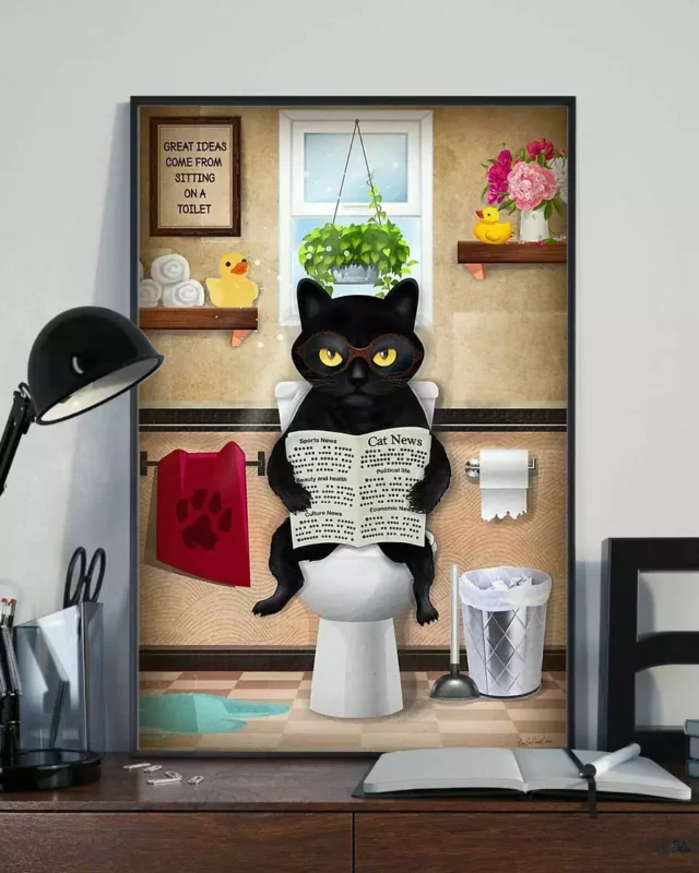Funny Black Cat Read Newspaper In Toilet Poster