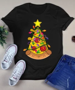 Funny Pizza Lover Christmas Light Xmas Tree Gift Tshirt