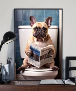 Funny Pug Sitting On Toilet Reading Newspaper Dog Poster