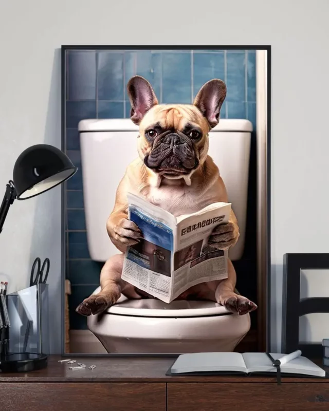 Funny Pug Sitting On Toilet Reading Newspaper Dog Poster