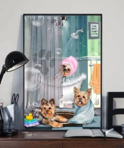 Funny Yorkie Dogs In Bathroom Vertical Home Decor Wallart Poster