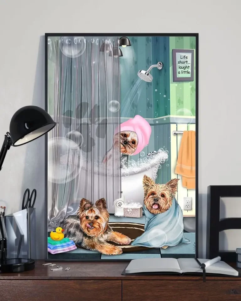 Funny Yorkie Dogs in Bathroom Vertical Home Decor Wallart Poster