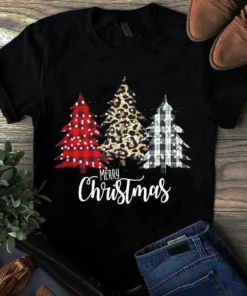 Leopard And Buffalo Plaid Vintage Country Merry Christmas Tree Unisex Tshirt