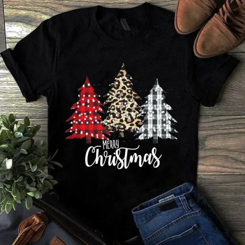 Leopard And Buffalo Plaid Vintage Country Merry Christmas Tree Unisex Tshirt
