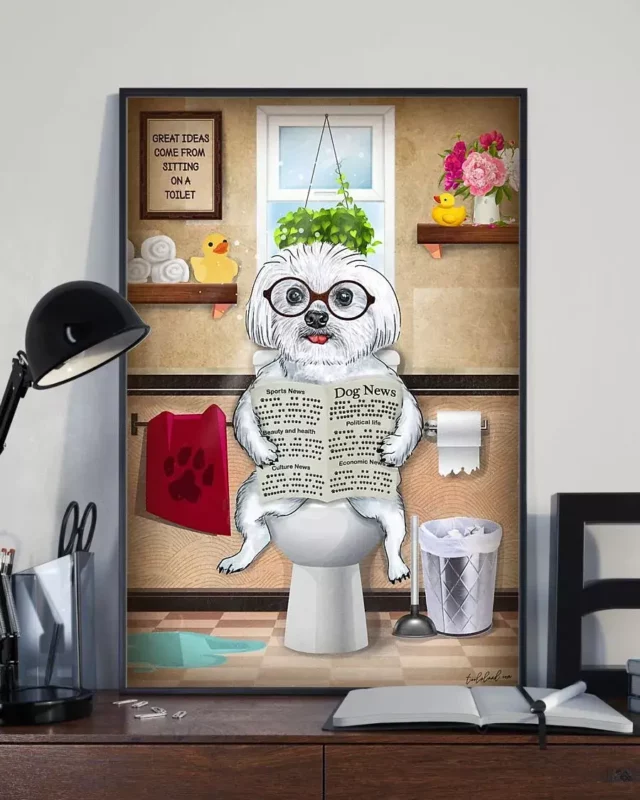Maltese Toilet Reading Newspaper Funny Dog Poster