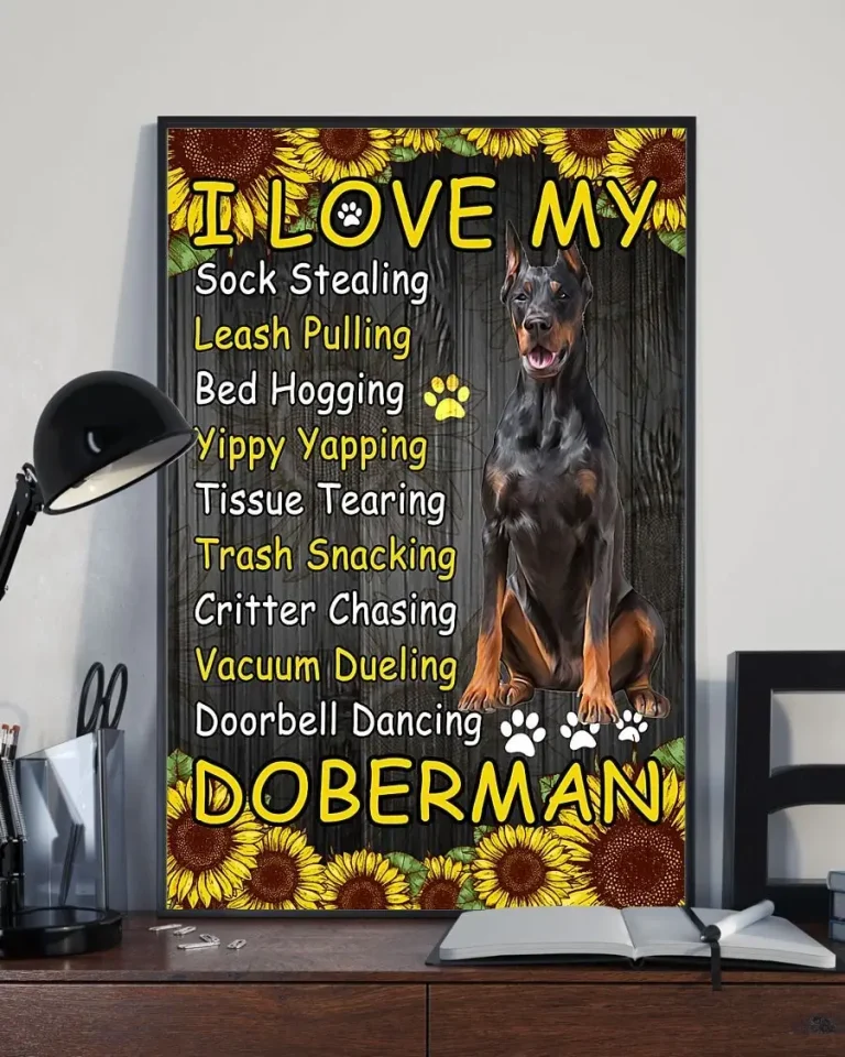 I Love My Sock Stealing Leash Pulling Sunflower Doberman Dog Poster